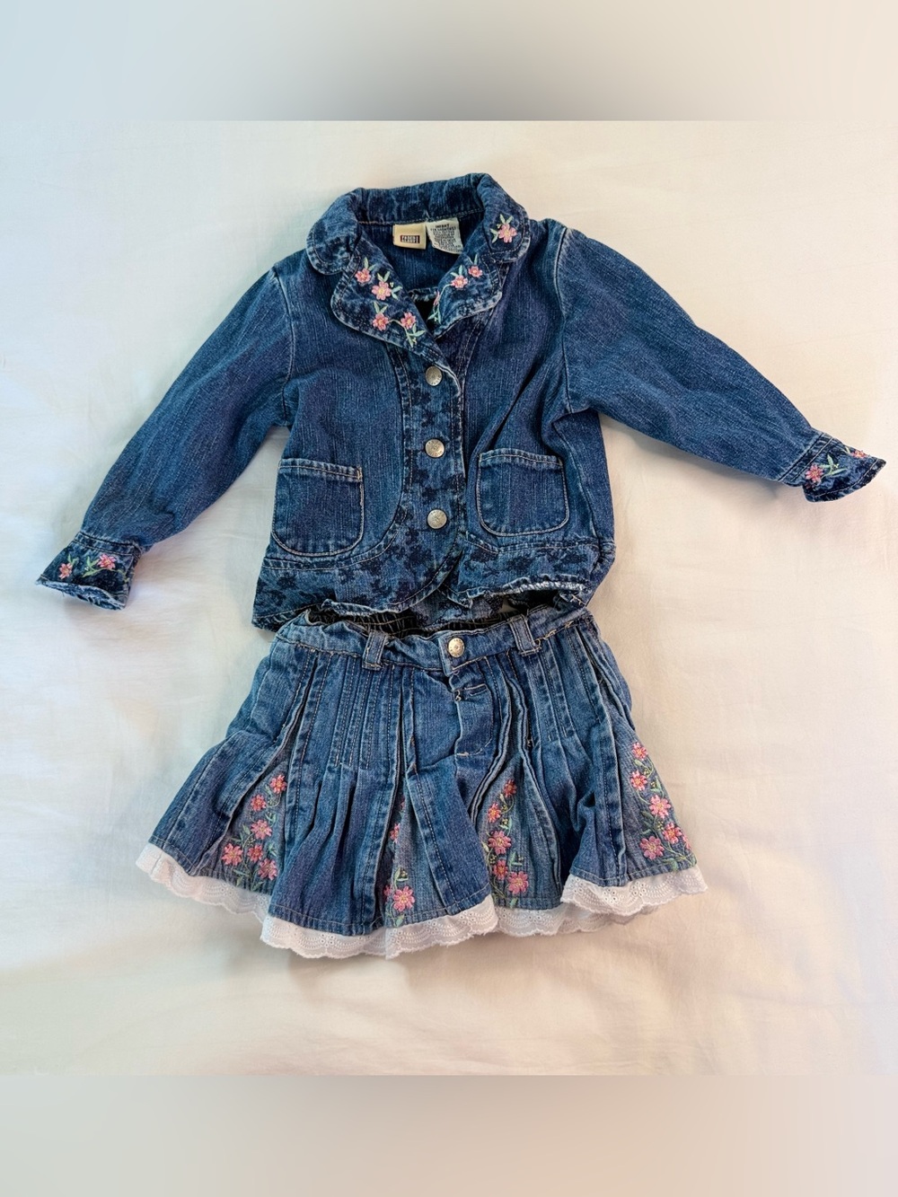 Faded Glory Blue Denim Jacket & Skirt Set with Pink Floral Embroidery Lace Trim